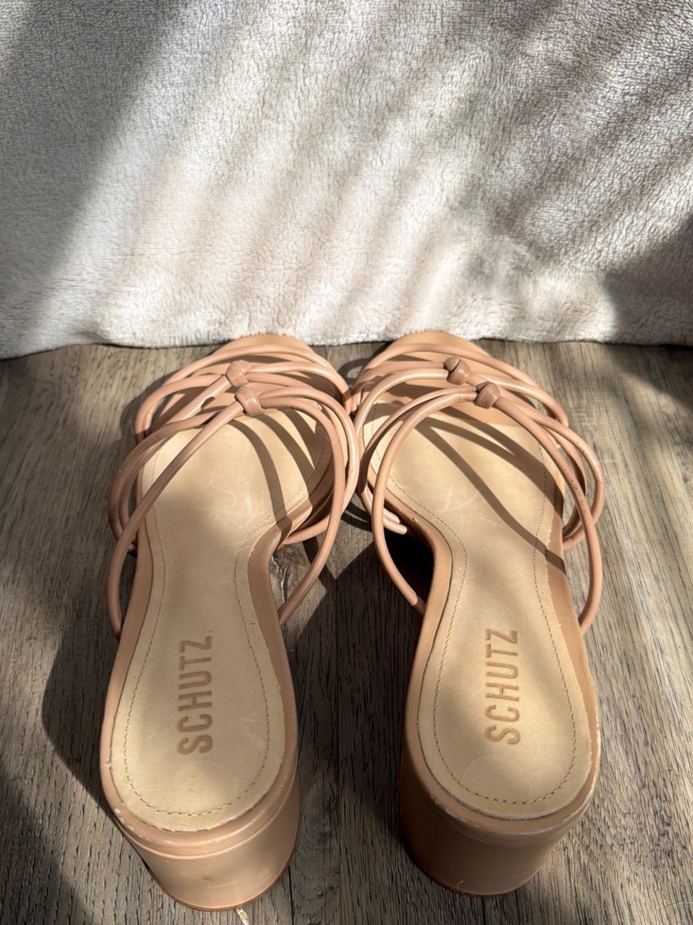 Schutz Nude Strappy Knot Heels Minimalist Vacation Sandals - Picture 3 of 4